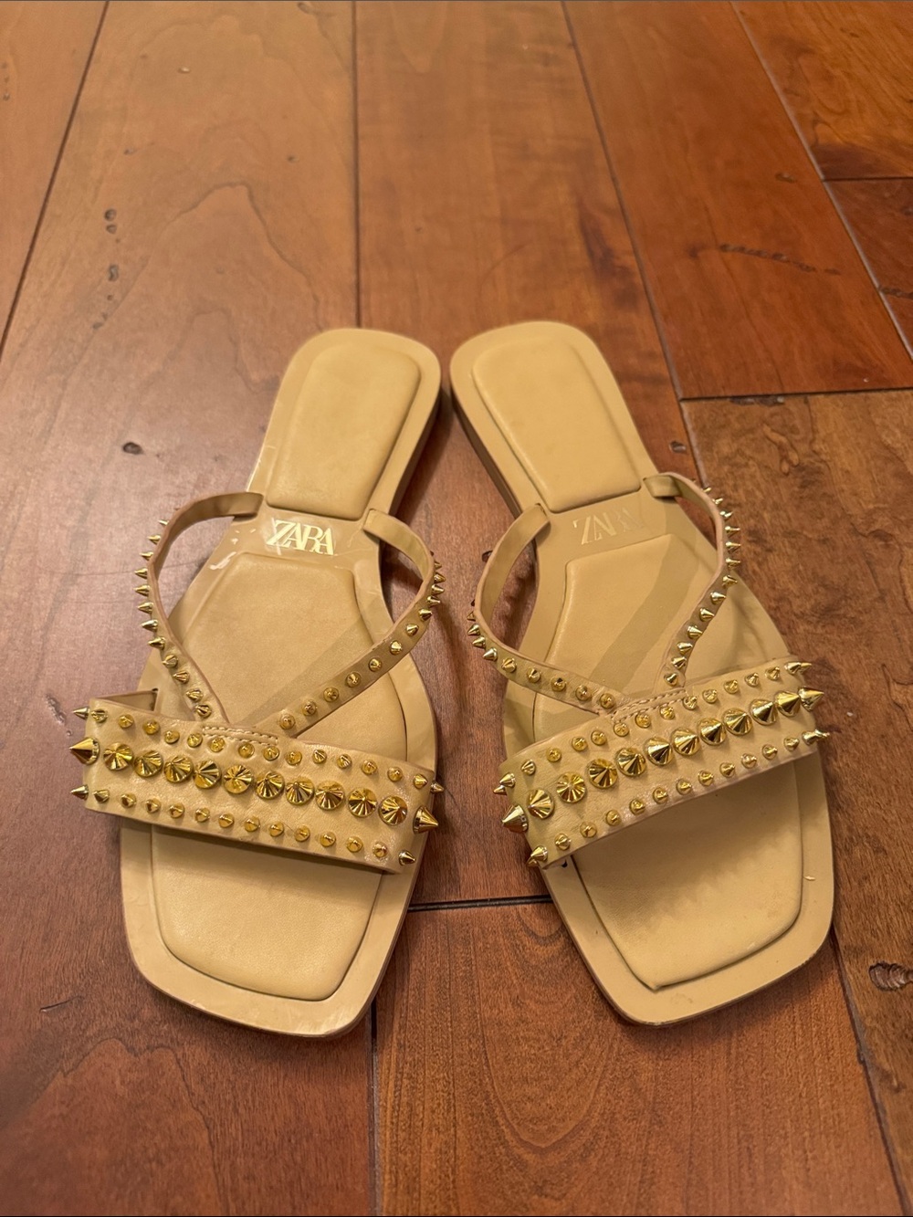 Zara Nude Slide Sandals with Gold Studs